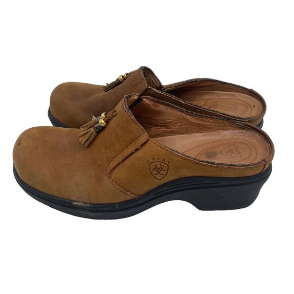 Ariat Women's Leather Tassels Mule Brown Size 8B EUC Slip On Clogs Gold Accent - Picture 5 of 9